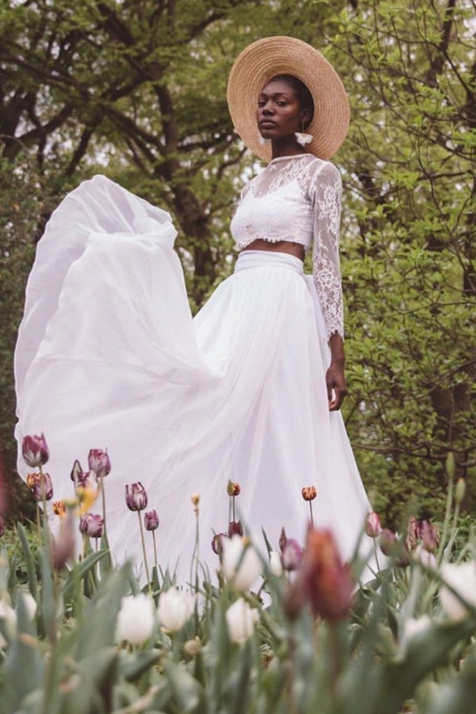 Sheer Lace Long Sleeve Wedding Dress Two-Piece Chiffon Skirt loveangeldress Sheer Lace Long Sleeve Wedding Dress Two-Piece Chiffon Skirt loveangeldress
