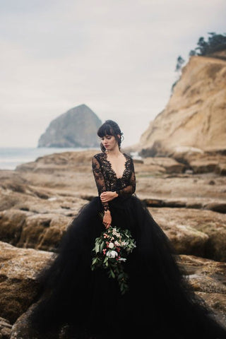 Sheer Lace Long Sleeves Black Wedding Dress with Plunging V-neck loveangeldress Sheer Lace Long Sleeves Black Wedding Dress with Plunging V-neck loveangeldress