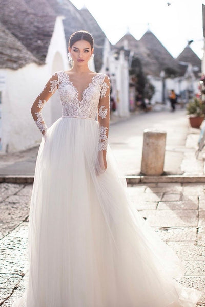 sheer-long-sleeves-bridal-dress-wedding-tulle-skirt