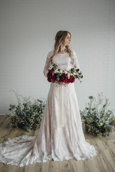 Romantic Champagne Wedding Dress with Lace Long Sleeves