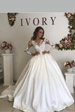 sheer-long-sleeves-lace-wedding-gown-satin-skirt