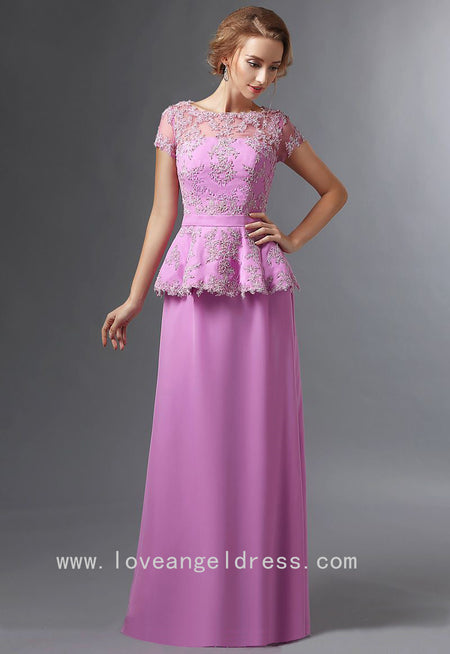 Floor Length Chiffon Gray Mother's  Formal Dress with Lace Sleeves