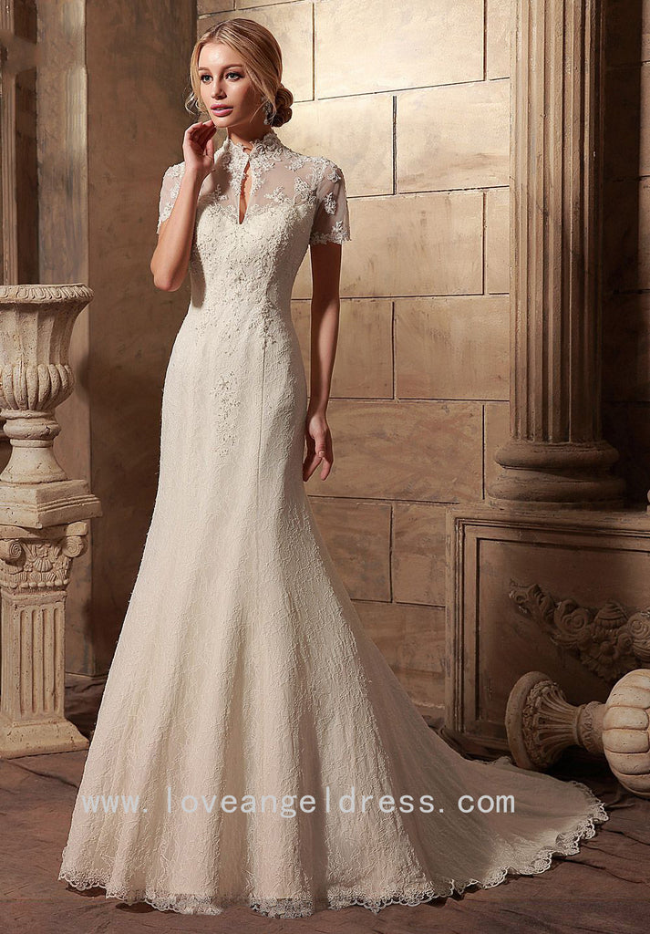 Sheer Short Sleeves Lace Vintage Wedding Gowns Dress with High Neck loveangeldress Sheer Short Sleeves Lace Vintage Wedding Gowns Dress with High Neck loveangeldress