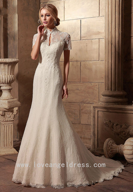 Beaded Floral Lace Wedding Gown with Sheer Tulle Skirt