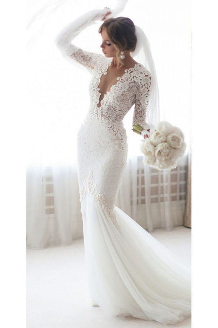 Classic V-neckline Mermaid Wedding Dress Lace Chapel Train