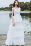 sheer-v-neckline-lace-bride-wedding-dress-with-tiered-tulle-skirt
