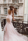sheer-v-neckline-pink-mermaid-wedding-dress-with-tulle-train-1