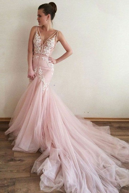 sheer-v-neckline-pink-mermaid-wedding-dress-with-tulle-train