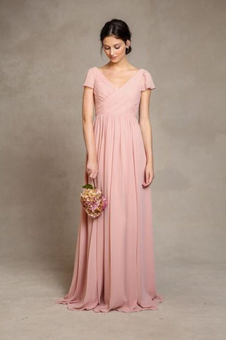 Short Sleeves Pink Chiffon Bridesmaid Dress V-neckline loveangeldress Short Sleeves Pink Chiffon Bridesmaid Dress V-neckline loveangeldress