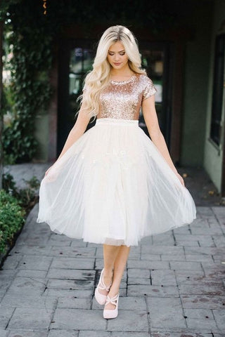 Short-sleeves Rose Gold Sequin Homecoming Dress with Tulle Skirt loveangeldress Short-sleeves Rose Gold Sequin Homecoming Dress with Tulle Skirt loveangeldress