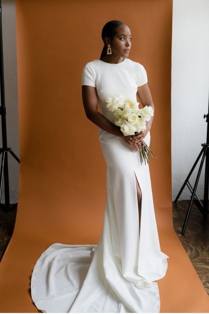 short sleeve sheath wedding dress Dusty Rose Short Sleeves Beaded Lace Sheath Destination Bridal Gown, Light Ivory