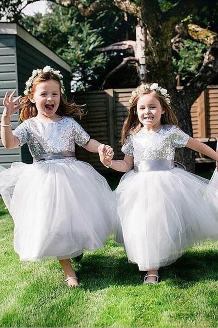 Sequin Tulle Flower Girls Dress Ball Gown with Bow Belt