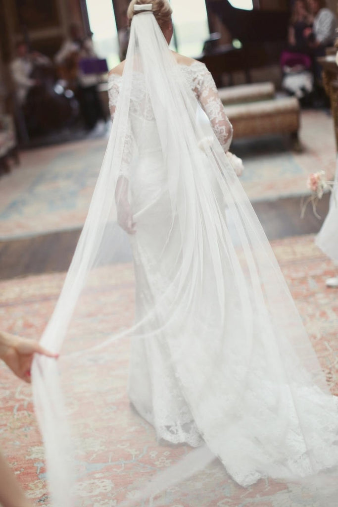loveangeldress Simple Bridal Illusion Tulle Chapel Length Wedding Veil Ivory Fingertip 45'' / White