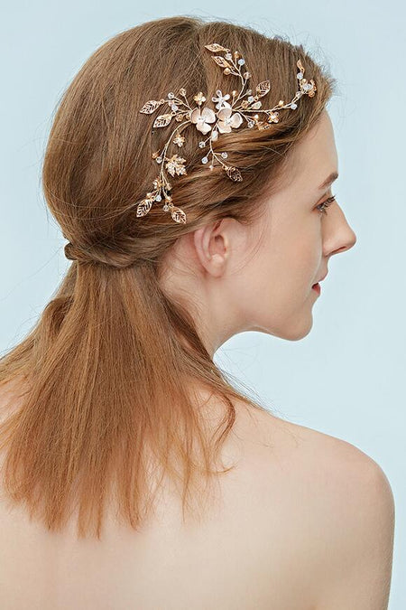 Gold Leaf Hairpiece Crystals Wedding Hair Comb