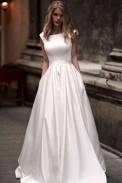 Simple Long Satin A-line Wedding Dresses with Pockets