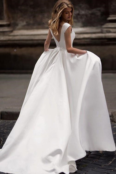 Simple Long Satin A-line Wedding Dresses with Pockets