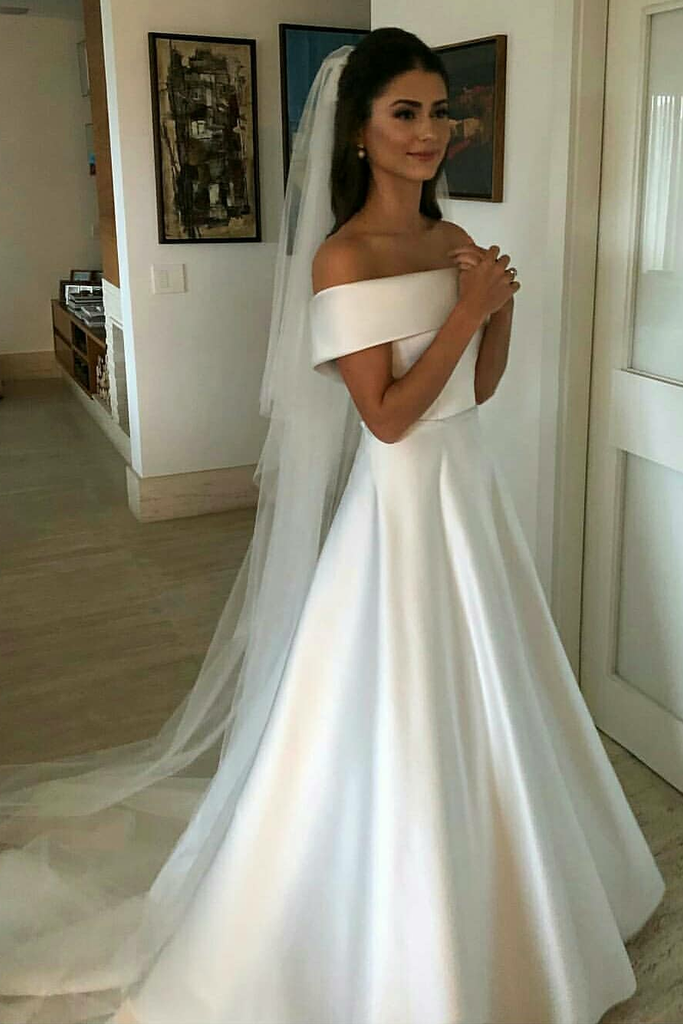 Simple elegant plain satin wedding dress with long sleeves Muslim Mode –  AiSO BRiDAL