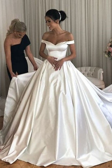 Simple Long Satin A-line Wedding Dresses with Pockets