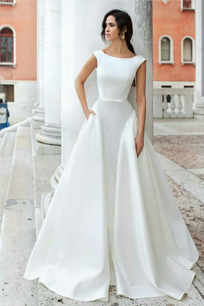 Fitted Stretch Satin Off-White Simple Wedding Gown CH236W – Sparkly Gowns