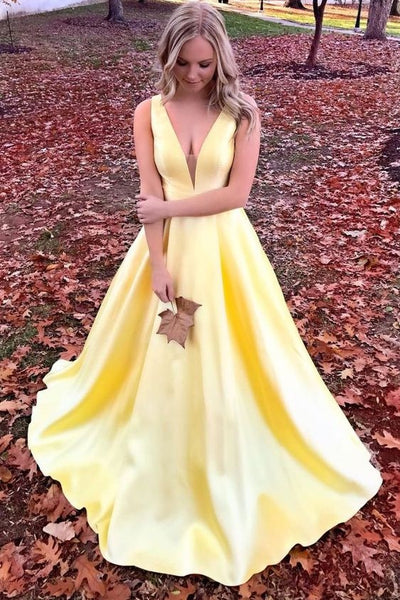 simple-yellow-satin-prom-dresses-with-v-neckline