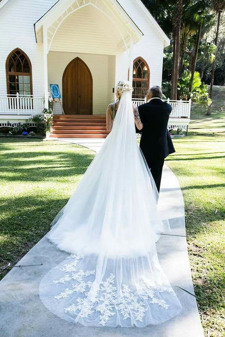 Two Tiers Finger Veils with Beaded Lace Hairband