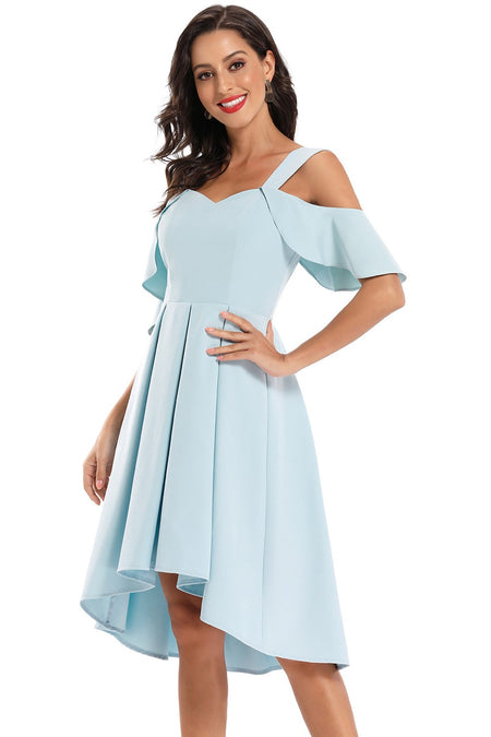 Plunging Light-blue Satin Homecoming Dress with Supported Straps