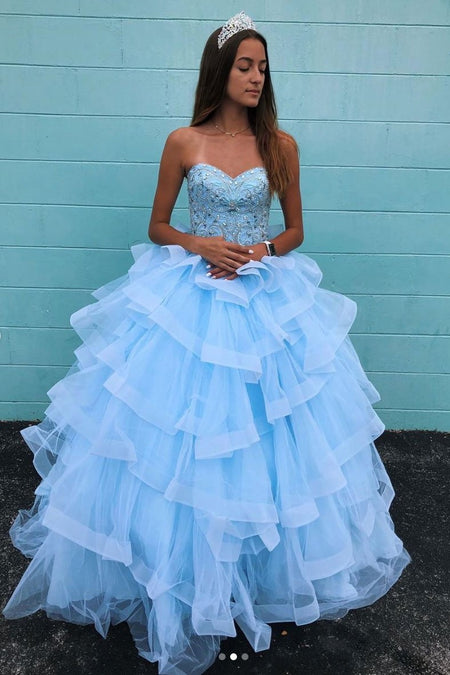 Light Blue Tulle Ball Gown Lace V-neckline Sweet Girl 16 Quinceanera Dresses