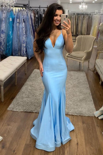 Sky Blue Mermaid Prom Dresses with Deep V-neckline