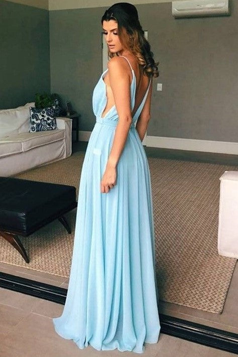 Skyblue Chiffon Prom Long Party Dresses V-neckline