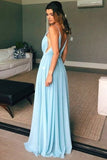 Skyblue Chiffon Prom Long Party Dresses V-neckline