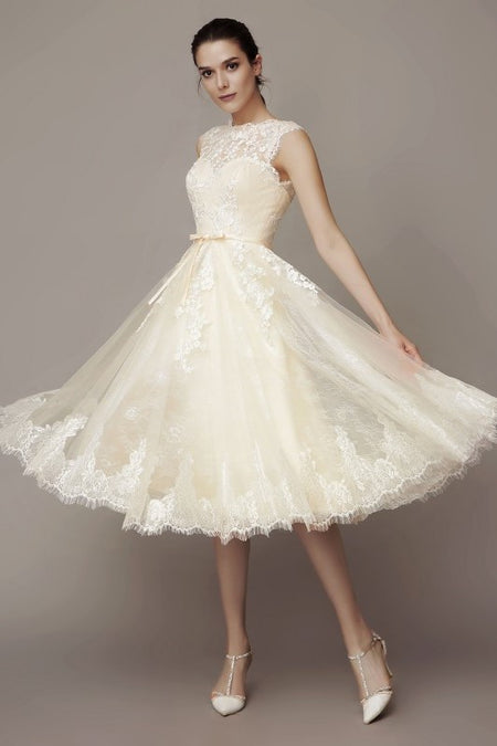 Lace Flower Short Wedding Dress with Sheer V-neckline