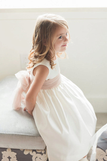 Sequin Tulle Flower Girls Dress Ball Gown with Bow Belt