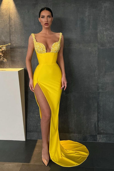 slim-yellow-prom-gown-with-beaded-straps-and-bodice