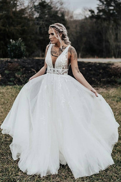 Soft Tulle Garden Wedding Dress with Lace V-neckline