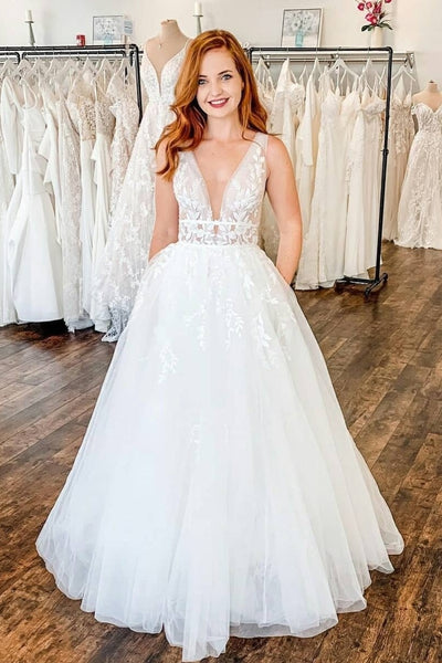 Soft Tulle Garden Wedding Dress with Lace V-neckline