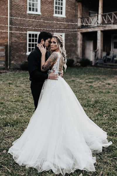 Soft Tulle Garden Wedding Dress with Lace V-neckline