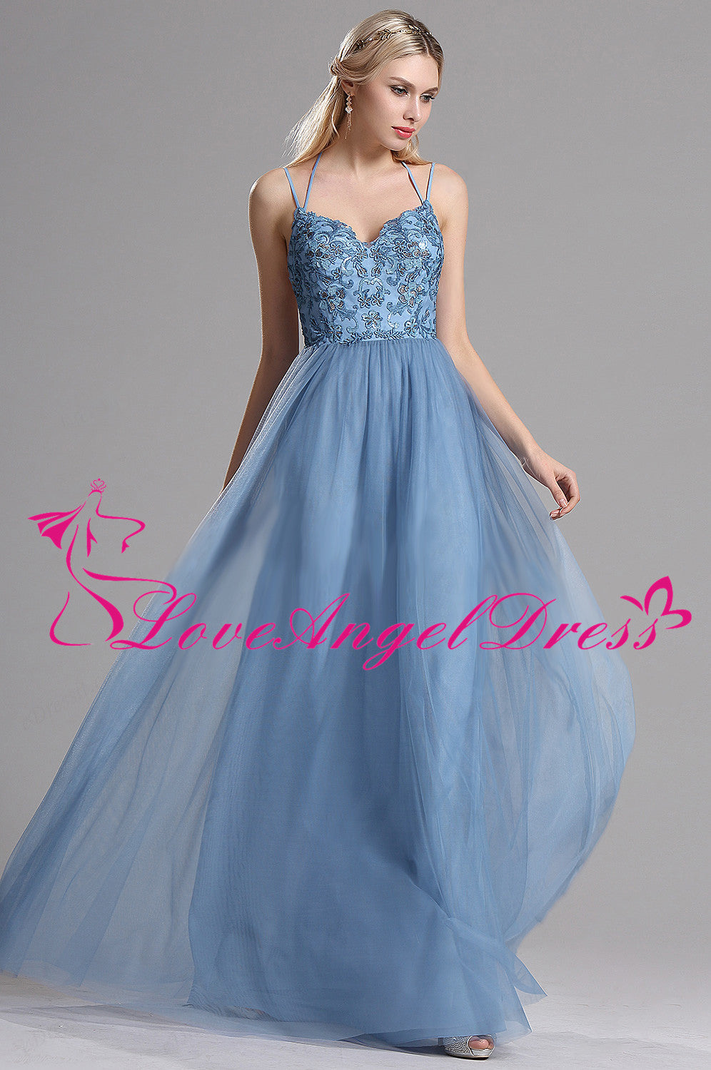 Navy Blue Spaghetti Straps A-Line Tulle Long Prom Dress with Appliques,DP981