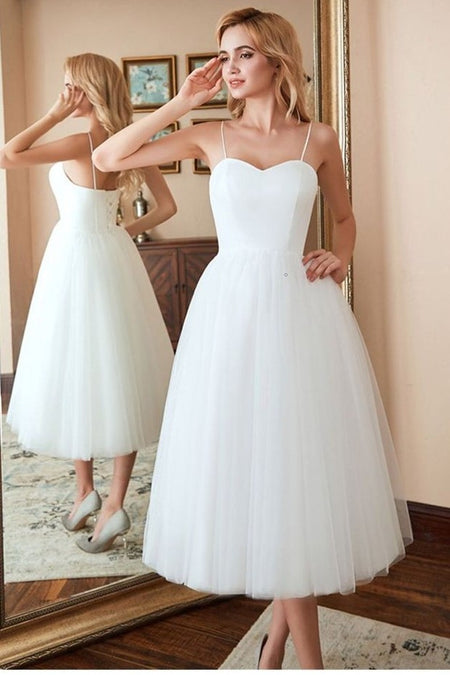 A-line Tea-Length White Wedding Gown with Straps Back