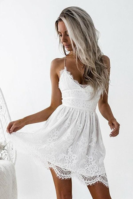 Lace Short Sleeves Tea-Length Bridal Dress for Beach Weddings