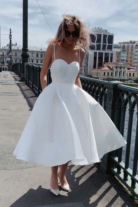 V-neckline Taffeta Short Wedding Dress with Asymmetric Hem