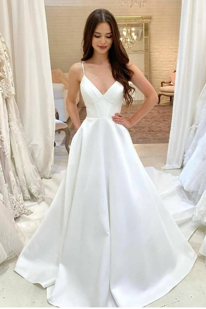 Spaghetti Straps Satin Wedding Gowns with V-neckline loveangeldress Spaghetti Straps Satin Wedding Gowns with V-neckline loveangeldress