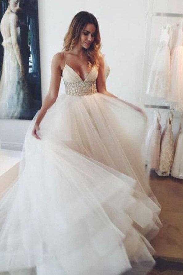 Spaghetti Straps Tulle Wedding Gowns Dress with Rhinestones Band ...