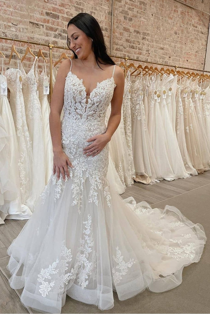 Spaghetti Straps Wedding Gown with Floral Lace Bodice loveangeldress Spaghetti Straps Wedding Gown with Floral Lace Bodice loveangeldress