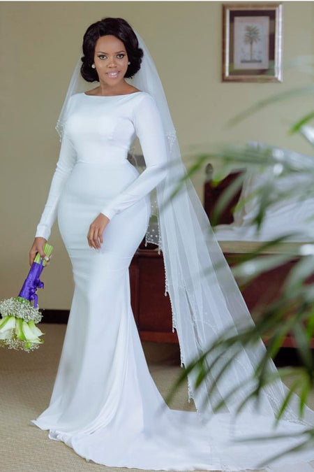 White Satin Modest Wedding Dresses with Long Sleeves