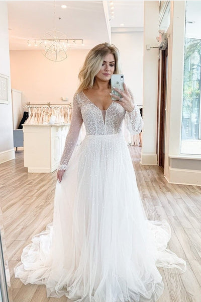 Sparkling Beaded Wedding Dress with Sheer Long Sleeves