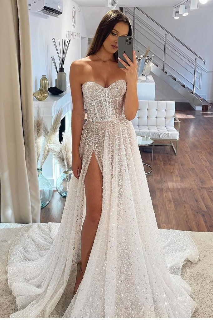 Sparkling Sequin Beaded Wedding Dresses with Slit in Skirt loveangeldress Sparkling Sequin Beaded Wedding Dresses with Slit in Skirt loveangeldress