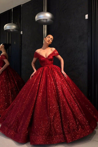 fitted lace wedding dress Sparkling Sequin Red Ball Gown Prom Dress Off-the-shoulder Neckline –  loveangeldress
