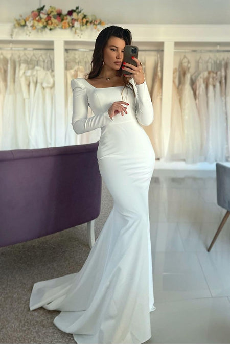Plunging V-neckline Tulle Mermaid Wedding Dresses Lace Long Sleeves