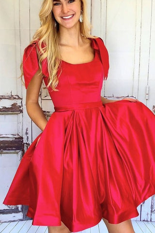 big homecoming dresses Square Neck Red with Bows – loveangeldress country hoco dresses