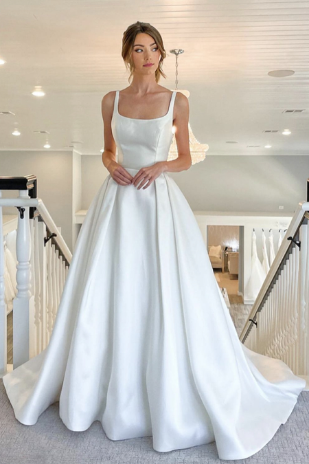 Strapless White Satin Wedding Gown with Bow Train